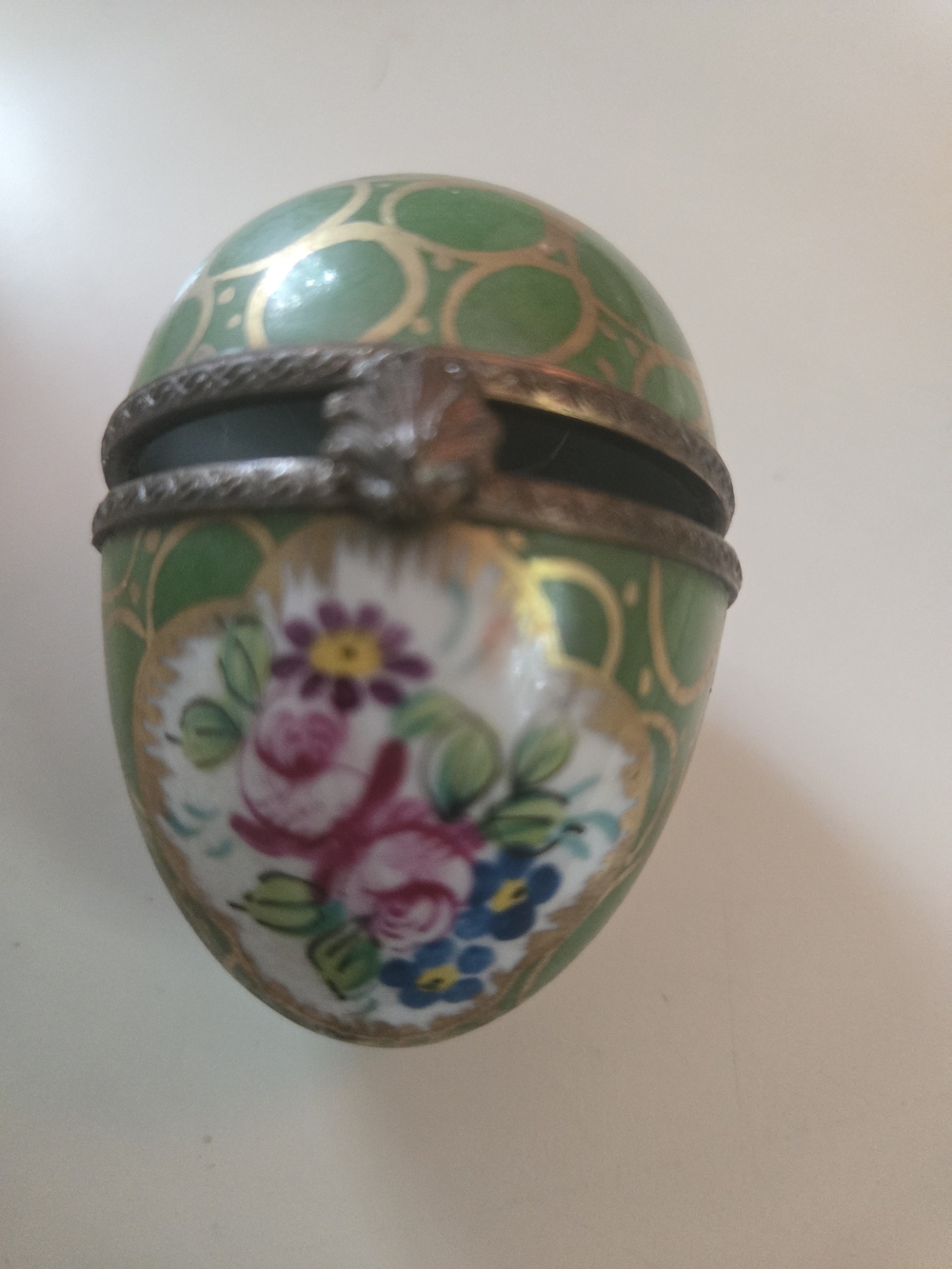 Limoges French Green Floral Hand-Painted Trinket Egg Jewelry Box